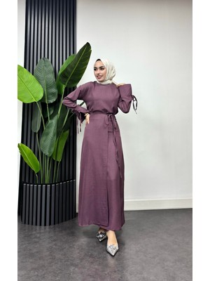 Tesettür Diyarı Sofya Keten Eteği Bağlamalı Takım-Lila