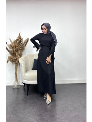 Tesettür Diyarı Sofya Keten Eteği Bağlamalı Takım-Siyah