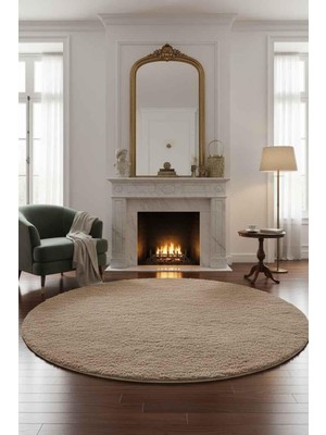 Rossev Peluş Model Kaydırmaz Tabanlı Yuvarlak Dekoratif Halı Camel 100X100CM