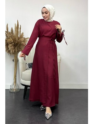 Tesettür Diyarı Sofya Keten Eteği Bağlamalı Takım-Bordo