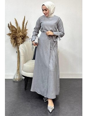 Tesettür Diyarı Sofya Keten Eteği Bağlamalı Takım-Gri
