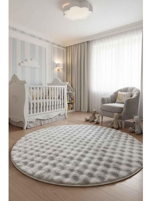 Rossev Peluş Model Kaydırmaz Tabanlı Buble Yuvarlak Dekoratif Halı Krem 100X100CM