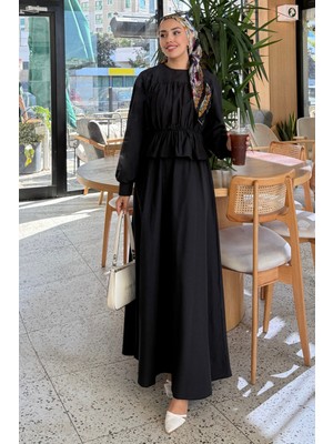 Tesettür Diyarı Büzgü Detaylı Etek Gömlek Takım- Siyah