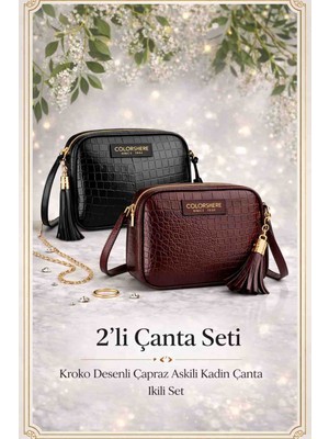 Colorshere Kadın Bordo ve Siyah Kroko Desenli Püsküllü 2'li Omuz ve Çapraz Çanta Seti