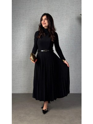 Çamaşır Kenti Kadın Uzun Kollu Balıkçı Yaka Kemersiz Pileli Uzun Sandy Elbise