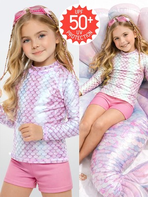 Denokids Uv Korumalı Kız Çocuk Mayo T-Shirt Uvp+50 Faktör Koruma Uzun Kollu Denizkızı