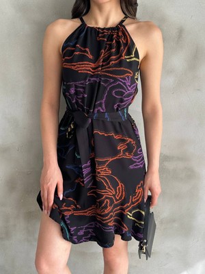 Libas Verda Kadın Boyundan Ayarlamalı Kuşaklı Desenli Kloş Elbise