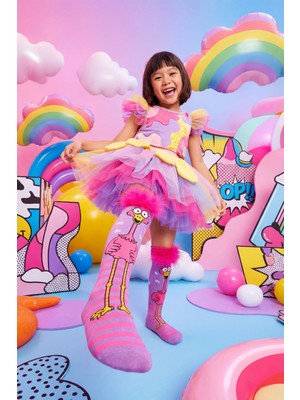 Kız Çocuk Flamingo Desenli Tüylü Aksesuarlı Dizüstü Çorap