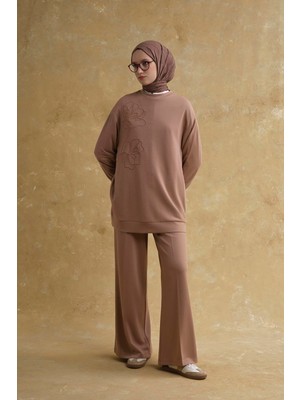 Armine Nakış Detaylı Örme Takım Açık Kahve