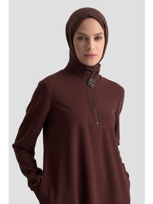 Armine Fermuar Detaylı Basic Tunik Kahve