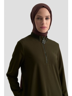 Armine Fermuar Detaylı Basic Tunik Koyu Yeşil