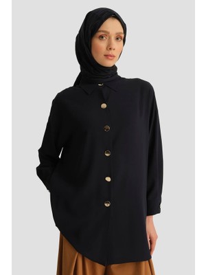Armine Metal Düğmeli Oversize Tunik Lacivert