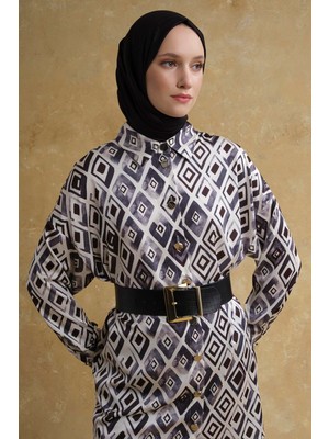 Armine Retro Desenli Saten Tunik Beyaz