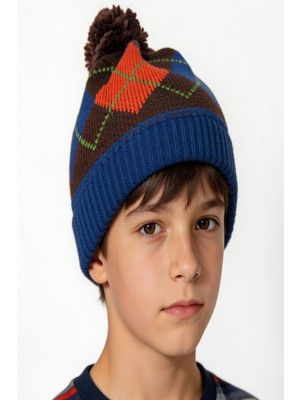 Bay Şapkacı Rengarenk Argyle Desenli Ponponlu Çocuk BERESI-6407
