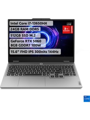 Lenovo LOQ Intel Core i7 13650HX 24GB 512GB SSD RTX5060 Freedos 15.6" FHD 144Hz Oyuncu Taşınabilir Bilgisayar 83JE00ERTR