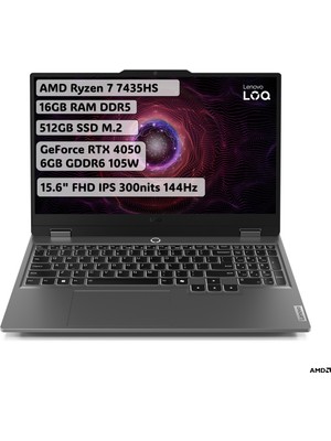 Lenovo LOQ AMD Ryzen 7 7435HS 16GB 512GB SSD RTX4050 Freedos 15.6" Taşınabilir Bilgisayar 83JC006BTR