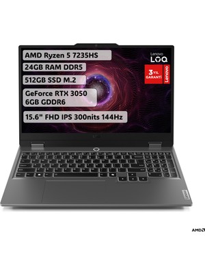 Lenovo LOQ AMD Ryzen 5 7235HS 24GB 512GB SSD RTX3050 Freedos 15.6" FHD 144Hz Oyuncu Taşınabilir Bilgisayar 83JC00DXTR