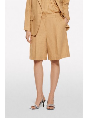 Sisley %100 Keten Pile Detaylı Yüksek Bel Bermuda Şort Kadın Sarı Şort - 325P4AGHL901K