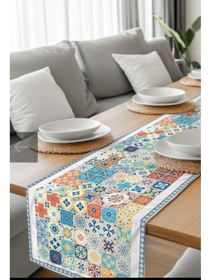 HM Polisaj Mozaiklerle Bezenmiş Sofra Dijital Baskılı Runner Kumaş 40*140CM