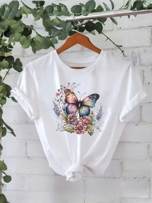 herkesemoda Kelebek Ay  Baskı  Detaylı Basic T-Shirt