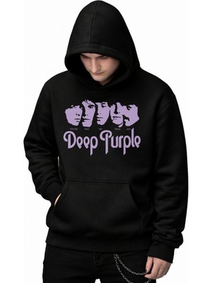Fuddy Moda Unisex Deep Purple Baskılı Kapüşonlu Sweatshirt, Oversize Rock Band Baskılı Hoodie
