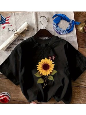 herkesemoda Ayçiçek Baskı Detaylı Basic T-Shirt