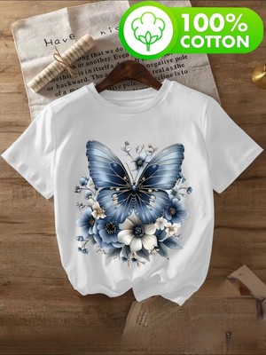 herkesemoda Kelebek ve Güller  Baskı Detaylı Basic T-Shirt