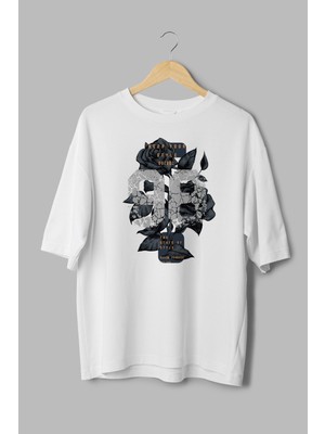 Overoz 98 Gül Baskılı Yarı Oversize Beyaz T-Shirt 1042