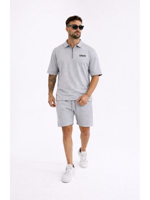 Comstar Erkek Polo Yaka Tişört Bol Şort Gri Yazlık Ikili Takım