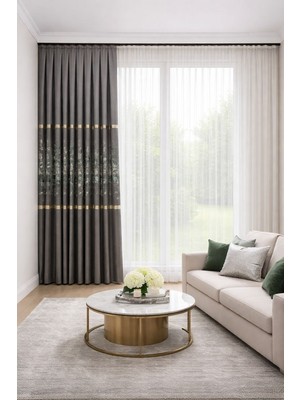 Perde Merkezi Bulut Gri Yeşil Pano Fon Perde Salon ve Misafir Odalarına Uygun 1/3 Sık Pileli Tek Kanat Lüks Modern Fon Perde