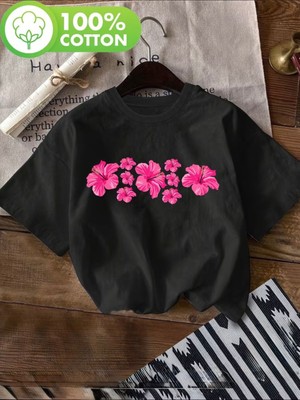 herkesemoda Pembe Çiçekler  Baskı Detaylı Basic T-Shirt