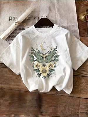 herkesemoda Kelebek Çiçek Baskı Detaylı Basic T-Shirt