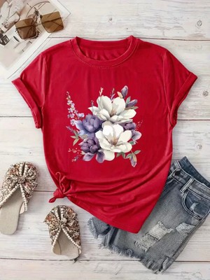 herkesemoda Çiçek Baskı  Detaylı Basic T-Shirt