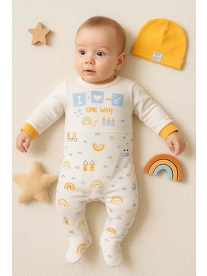 Çamaşır Kenti Araba Desenli Sarı 2'li Şapkalı Erkek Bebek Tulumu