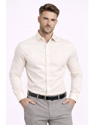 Colvis Man Erkek Krem Pamuk Saten Slim Fit Gömlek Dar Kesim Klasik Ofis Gömleği Hediye Kutulu