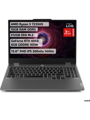 Lenovo LOQ AMD Ryzen 5 7235HS 16GB 512GB SSD RTX4050 Freedos 15.6" FHD 144Hz Oyuncu Taşınabilir Bilgisayar 83JC00H4TR