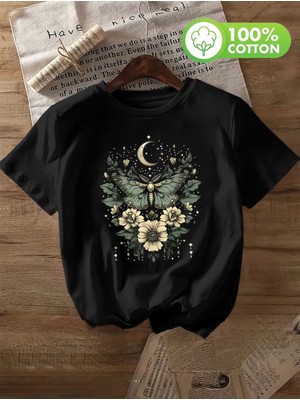 herkesemoda Kelebek Çiçek Baskı Detaylı Basic T-Shirt