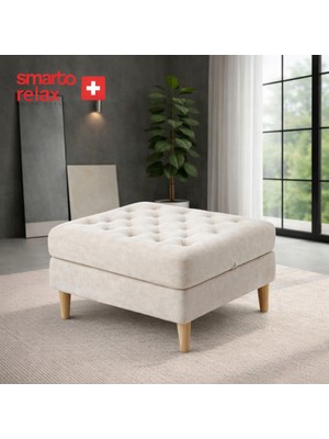 Smarto Relax  Swiss Style Puf Brienz Ayaklı Kare Kapitoneli baby face  Dekoratif 100x100x45 cm Kapitone Ahşap Ayaklı puf(Ekru)