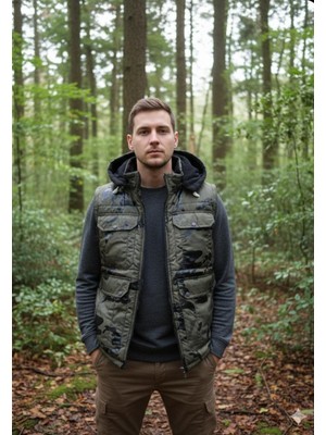 Hamitogulları Haki Kamuflajlı Kapşonlu Torba Cepli ve Yan Cepli Polarlı Yelek