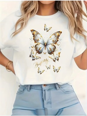 herkesemoda Kelebekler  Baskı  Detaylı Basic T-Shirt