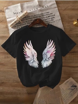 herkesemoda Melek Kanatları  Baskı  Detaylı Basic T-Shirt