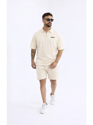 Comstar Erkek Polo Yaka Tişört Bol Şort Krem Yazlık Ikili Takım