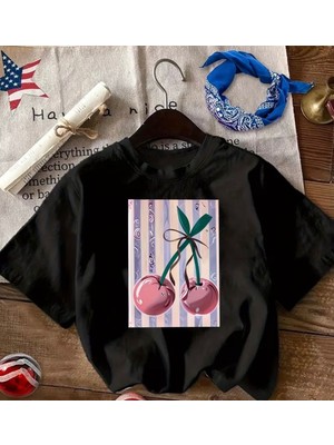 herkesemoda Kiraz Baskı Detaylı Basic T-Shirt
