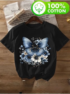 herkesemoda Kelebek ve Güller  Baskı Detaylı Basic T-Shirt
