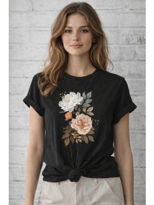 herkesemoda Soft Çiçekler Baskı Detaylı Basic T-Shirt