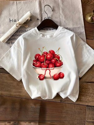 herkesemoda Kiraz  Kasesi Baskı Detaylı Basic T-Shirt