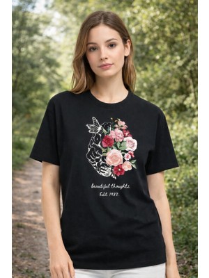 herkesemoda Beautiful Thought Baskı Detaylı Basic T-Shirt