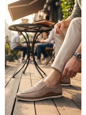 Enoch Hakiki Deri Bej Lazer Kesim El Işçiliği Detaylı Erkek Comfort Ayakkabı