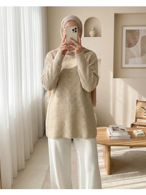 Modamorfo Fitilli Uzun Triko Kazak -Bej