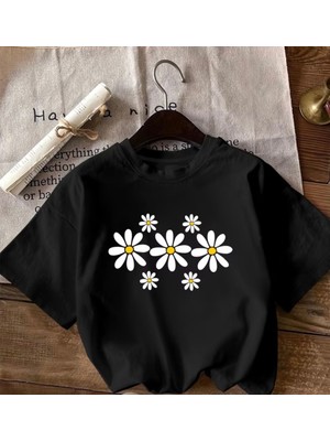 herkesemoda Papatyalar  Baskı Detaylı Basic T-Shirt